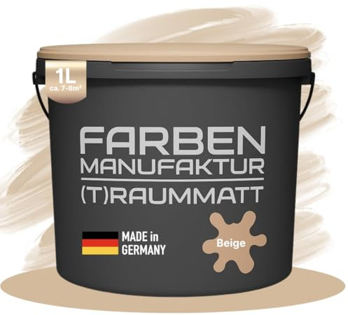 Farben Manufaktur Wandfarbe Beige Edelmatt 1-10 L [SEHR DECKEND] für ca. 7-8 m² – Atmungsaktive Innenwandfarbe – Schnelltrocknende Innenfarbe - Dispersionsfarbe Beige 1L