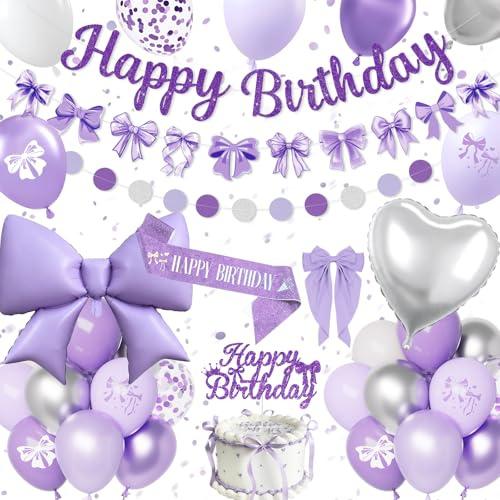 Lila Geburtstagsdeko Schleife, Geburtstagsdeko Mädchen Frauen mit Happy Birthday Girlande, Deko Luftballon Lila Silber, Schleifen Folienballon, Schärpe, Geburtstag Party Deko Mädchen16th 18th 30th