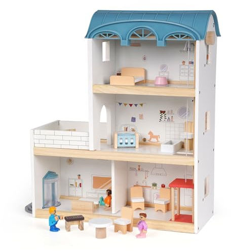 Puppenhaus aus Holz für Kinder, 3-stöckiges Holzpuppenhaus Spielset mit Möbeln, Zubehör & 3 Spielzeugfiguren, DIY Pretend Spielhaus für Kleinkinder, Mädchen & Jungen, Miniatur Puppenhaus mit Balkon