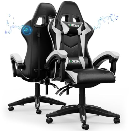 Racingreat Bluetooth Gaming Chair with Built-in Speakers (White) | Ergonomic,Height Adjustable,Reclining,Headrest,Lumbar Support,Armrests,360°-Swive,PU Leather