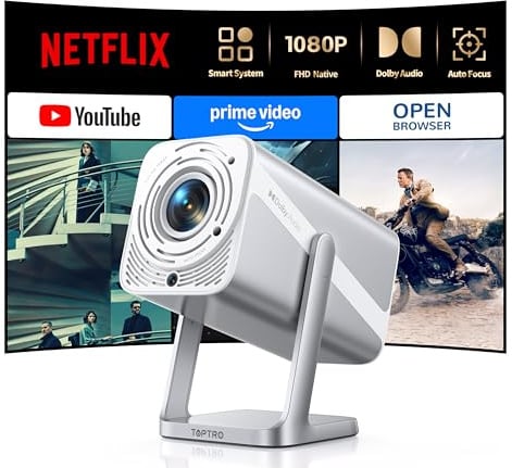 Smart Beamer [Kompatibel mit Netflix & Dolby Audio] Beamer 4K Heimkino 1080P FHD, Tragbarer Projektor 600ANSI Autofokus/Auto Vertikale Trapezkorrektur mit WiFi6 Bluetooth Outdoor 360°Drehbar