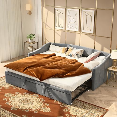 Ausziehbares Schlafsofa 90/180x200 cm, Tagesbett Ausziehbar Polster Schlafcouch Ausziehbett mit Lattenrost Multifunktionsbett Funktionsbett Daybed für Wohnzimmer Schlafzimmer, ohne Matratze (Grau)