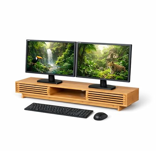 Relaxdays Monitorständer, 2 Bildschirme, mit 3 Fächern, Natur | HBT: 14 x 96,5 x 24,5 cm, Bambus, Bildschirmpodest