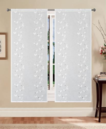 Tata Home Coppia Tende per Interni a Vetro Finestra Semitrasparenti Bianche Tende Cucina Bagno Camera Ricamate Fantasia con Foglie Misura 60x150 cm Mod. AUGUSTA B1 Colore Grigio