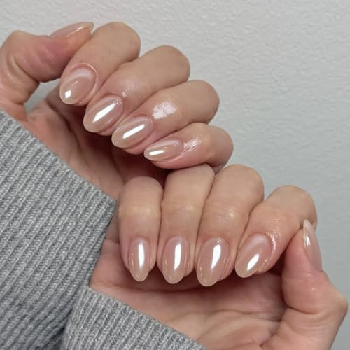 Short Oval False Nails - 24 PCS Chrome Press on Nails Short - Nude Almond Nails Press Ons - Gradient French Tip False Nails with Glue - Reusable Stick on Nails for Women Daily Wear