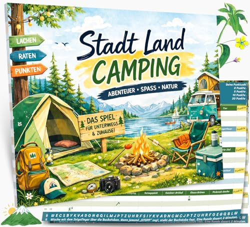 Stadt Land Camping Edition Spiel Geschenke für Camper, Camping Zubehör | 2026 Wohnwagen Zubehör Gadgets, Kartenspiel Partyspiel, Lustige Spiele und Familienspiele, Funny Games als Geschenk