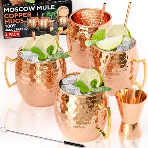 BENICCI Lot de 4 tasses Moscow Mule en cuivre massif 100% fabriquées à la main - Tasses en cuivre massif pur de qualité alimentaire - Coffret cadeau de 473,6 g avec pailles en cuivre de qualité