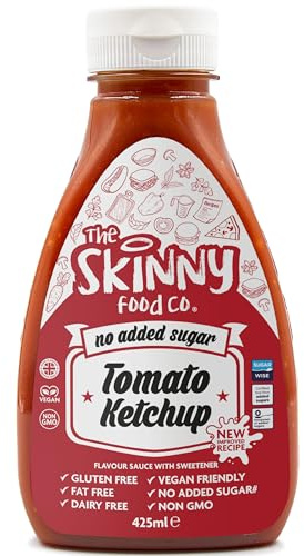 Skinny Food Co Sugar Free Ketchup 425ml, Tomato Sauce Vegan & Keto-Friendly | Virtually zero calorie tomato ketchup for dipping, burgers, chips and cooking. Gluten free, fat free and full of flavour.