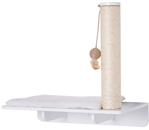 PawHut Mur d'escalade pour Chat Arbre à Chat Design Mural griffoir sisal Naturel Boule de Jeu et Coussin Amovible Polaire kit Fixation Inclus MDF Blanc