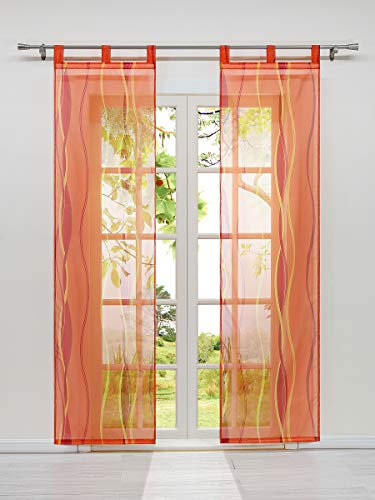 HeichkelL 2-TLG Voile Schiebegardine mit Schlaufen Flächenvorhänge mit Wellendruck Transparente Dekogardinen inkl. Schlaufen und Befestigungszubehör Orange 2X 57x225 cm