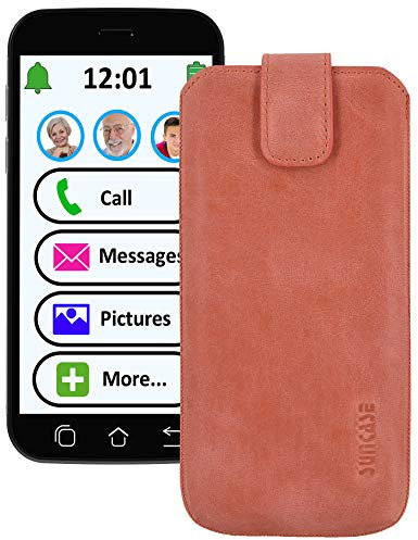 Suncase Étui en cuir véritable pour Swissvoice G50 avec languette d'extraction et fermeture aimantée Rose saumon vieilli