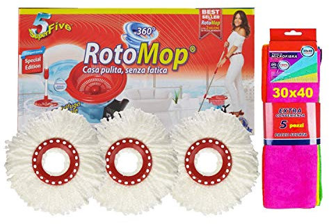ROTOMOP Set Secchio con Pedale + 3 RICAMBI + 5 Panni Microfibra