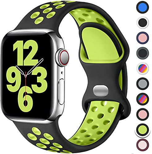 Upeak Silicona Correa Compatible con Correa Apple Watch 44mm 45mm 46mm 42mm 49mm, Pulsera Transpirable con Hebilla de Doble Agujero, para iWatch Series 10 9 8 7 6 5 4 3 2 1 Ultra SE, L, Negro/Verde