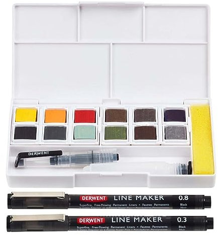 Derwent 2305866 - Set de Pintura Line & Wash con 12 Acuarelas y 2 Rotuladores de Punta Fina, Rotuladores con Plumillas Japonesas de 0,3 mm y 0,8 mm, Ideal para Esbozos Urbanos y Arte Exterior