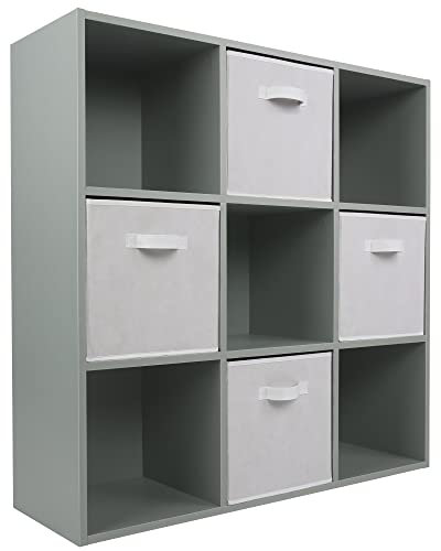 Charles Jacobs Grey 9 Cube Storage Shelving Unit + 4 White Fabric Drawers