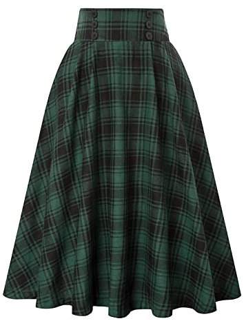 Rock Damen Vintage Elegant Kariert Lange Rock Hohe Taille A-Linie Plaid Retro Elastische Taille Casual Midi Faltenrock Grau -S