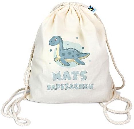 Bio Turnbeutel mit Namen personalisiert & Bedruckt | Motiv Dinosaurier blau | Stoffbeutel Schuhbeutel Sportbeutel Wäschebeutel Rucksack für Kinder Jungen & Mädchen | Dino 2 Plesiosaurier