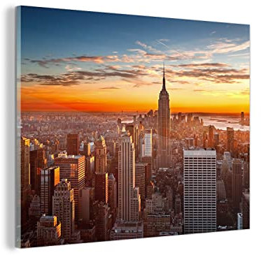 MuchoWow Glasbild Glasfoto Wandbild Bilder Deko 80x60 cm Skyline - New York - Sonne