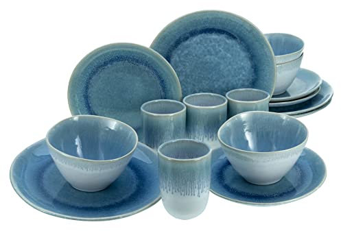 CreaTable, 14718, Serie Aquarius Blau, 16-teiliges Geschirrset, Kombiservice aus Steinzeug, spülmaschinen- und mikrowellengeeignet, Made in Portugal