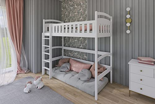 Kids Collective Hochbett 80x180 | 90x200 cm mit Matratze, Lattenrost und Rausfallschutz, aus Vollholz massiv in weiß, Funktionsbett Kinderbett Jugendbett 90x200 cm | von 4. bis 18. Lebensjahr