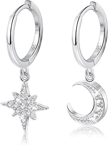 MILACOLATO Creolen Silber 925 Klein Ohrringe Damen Hängend Asymmetrische Ohrringe Stern Mond Baumeln Creolen Für Frauen Cz Tiny Knorpel Tropfen Huggie Ohrringe Silber