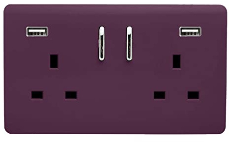 Trendi 2 Gang Artistic Modern Glossy 13 Amp 2 x 3.1mA USB Switched Plug Socket Plum