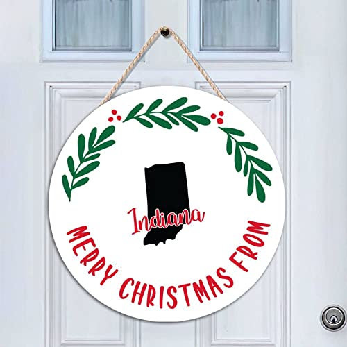 Rimego Cartello di benvenuto per portico della porta d'ingresso – Merry Christmas From Indiana – Targa rotonda in legno per porta d'ingresso – per tavolo, casa, cucina, vacanze, Natale, 45,7 x 45,7 cm
