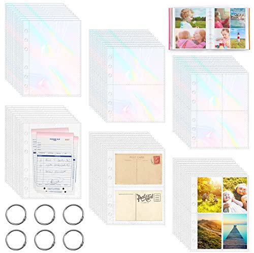 Postkartenhüllen A5,66 Stück Fotohüllen,1-Fach,2-Fach,4-Fach Klarsichthüllen mit Lose Blatt Ring,Transparent Laserstil A5 Sammelhüllen Prospekthülle zum Schutz von Postkarten Fotos, Dokumente