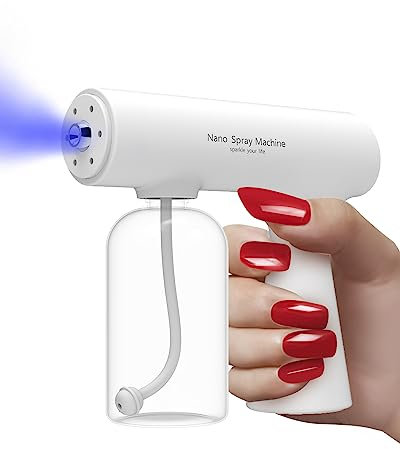 Pistola Desinfectante Eléctrica Mini, Atomizador Nano Nebulización, Máquina de Niebla para Interiores y Exteriores, Blanco, Pulverizador Vapor Nano ULV Recargable con luz Azul-atomize