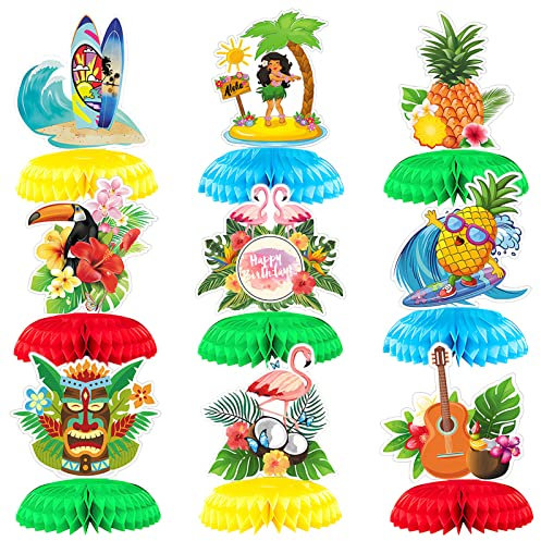 TOPJOWGA Hawaii Party Deko, 9 Stück Luau Party Mittelstücke, Tischdeko Luau Waben-Tischdekoration, Bienenwabe Mittelstück für Tischdekorationen, Tischdeko Bienenwaben für Aloha Sommer Strand Party