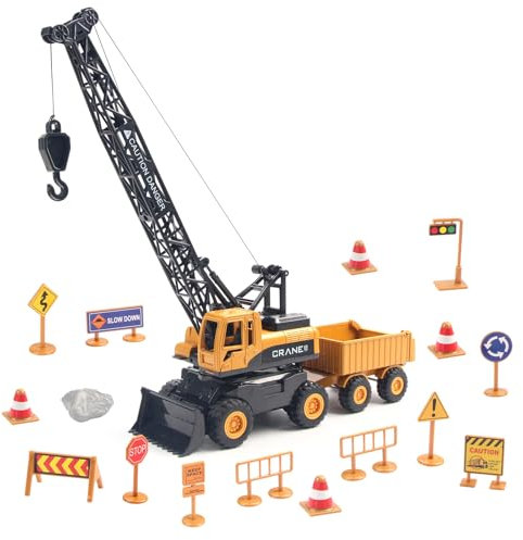 Joyfia Kran Spielzeug LKW, Bauwagen-Spielzeugset mit Straßenschildern (15PCS), Outdoor Engineering Fahrzeug für Sand Party Gunst, Geburtstag Geschenk 3-8 Jahre alt Kleinkinder Kinder Jungen