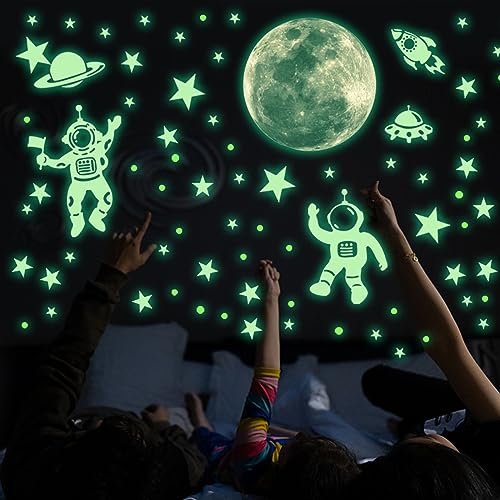 Leuchtsterne Kinderzimmer Sterne leuchtend Selbstklebend Wandsticker Wandaufkleber Kinderzimmer Junge Mädchen Kinder Mond Astronaut Leuchtaufkleber Schlafzimmer Wohnzimmer Wandtattoo Grün