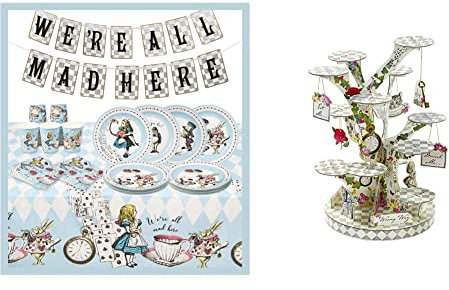 Alice in Wonderland Party Decorations & Tableware for 16 Guests | Mad Hatter Double Sided Bunting ,Paper Plates, Napkins & Alice in Wonderland Cupcake Stand Centrepiece Mad Hatter Tea Party