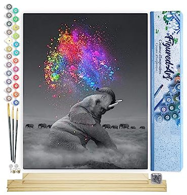 Figured'Art Peinture par Numéro Adulte Eléphant et explosion de Couleurs - Activité Manuelle Kit de Loisir Créatif DIY Numéro d'Art Complet - 40x50cm avec châssis en bois à monter