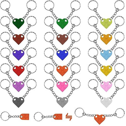 JNZLT Lot de 18 porte-clés en brique de construction - 18 couleurs - Cœur mignon - Cadeau créatif pour les couples - Boyfriend - Cadeau de style Lego, multicolore, S