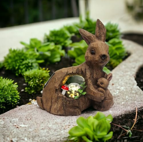 Arnusa Solar Gartenfigur Hase mit Glaskugel Gartendeko Osterhase Holz Optik Solarlampe warmweiß Figur Beet Outdoor wetterfest
