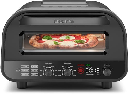 CHEFMAN Indoor Pizza Oven - Makes 12 Inch Pizzas in Minutes, Heats up to 800°F - Countertop Electric Maker with 5 Touchscreen Presets, Pizza Stone and Peel Included - Stainless Black