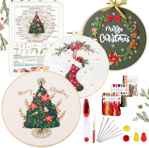 YINVA Stickerei Set Anfänger, Stickset Weihnachten, Kreuzstich-Kit Starter Tools Kit mit 2 Stück Kunststoff-Stickrahmen, Farbfäden und Werkzeuge, für DIY Kunst, Handwerk, Sticken