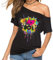 Damen Casual Sexy Schulterfrei Tops Lippen Druck T-Shirts 80er 90er Neon-Outfit Kurzarm Oversized Party Kostüme, Schwarz 80er Jahre Mix Style, X-Groß