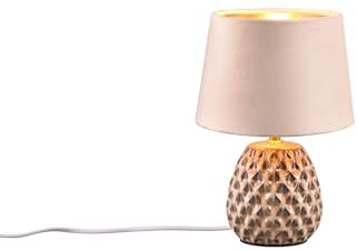 Kleine Retro Tischleuchte mit Keramikfuß und Samtschirm in Beige/Gold, Höhe 27cm