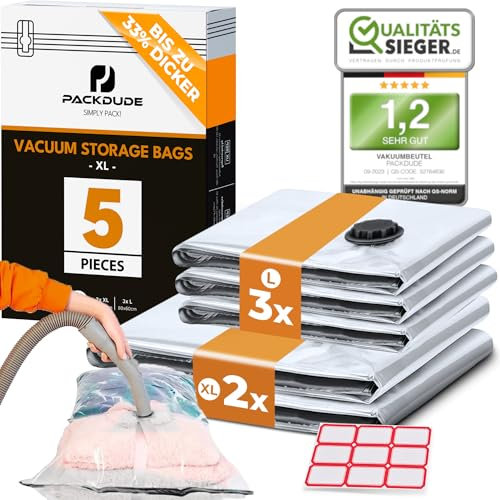 PACKDUDE Grands Sac Sous Vide Couette et Oreiller I 5 PIECES I 100x80 + 80x60 I XXL Sac Couette Sous Vide Aspirateur I Vacuum Bags for Bedding & Clothes I Housse de Rangement pour Linge de Lit
