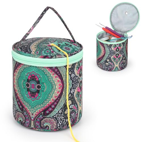 Aeelike Stricktasche Klein Aufbewahrungstasche für Unterwegs, Mini Handarbeitstasche für Garn, Zubehör, Häkelnadel, Kurze Stricknadeln Aufbewahrung, 15×14cm Praktisch Wolltasche, Grünes Totem