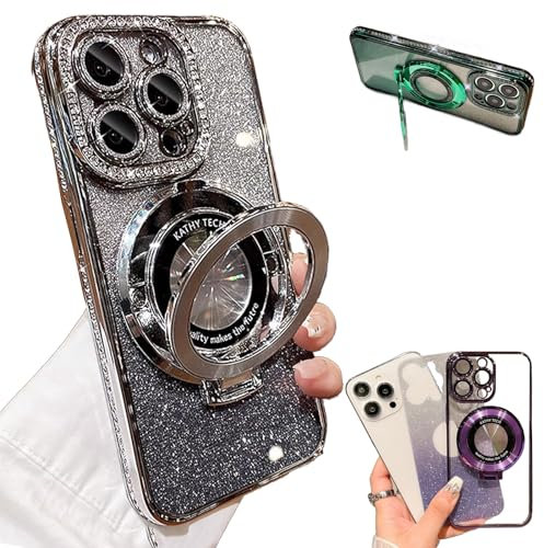 Glitter Rhinestones Magnetic for iPhone Case with Invisible Stand, Transmitg Glitter Rhinestones Gradient with Lens Protection for iphone 15/14/13/12 case (Silver,for iPhone 12pro)