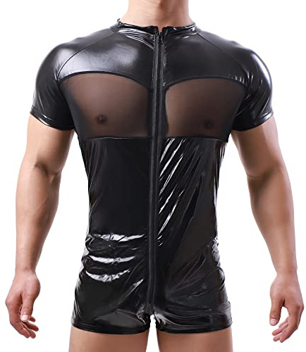 QiaTi Herren ärmellose kurze Hose Leotard Zip Strumpfhose Kunstleder Bodysuit mit 2 Taschen für Männer Club