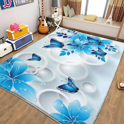 Weicher Teppich 160x230 cm Blaue Schmetterlinge Und Blumen Teppich Wohnzimmer Moderner 3D-Druck Waschbar Schlafzimmer Teppiche Kurzflor rutschfest Teppich