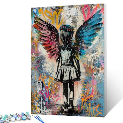 Tucocoo Banksy Malen nach Zahlen, Engelsflügel, 40 x 50 cm, Leinwand, DIY-Ölgemälde für Erwachsene, mit Pinseln und Acryl-Pigment, kleines Mädchen, Straße, Pop-Art-Bild für Heimdekoration