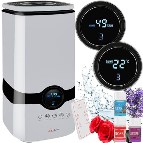 Ruhhy Luftbefeuchter mit Hygrometer Ionisator Aromadiffusor Eterische Öle Lavendel Meeresbrise Rosenduft Weiß 22739