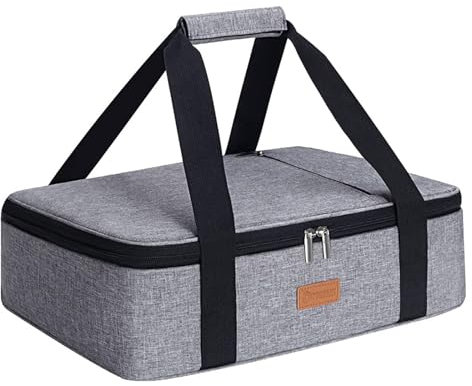 Double Casserole Carrier for Hot or Cold Food,Expandable Insulated Bag,Perfect Lasagna Holder Tote for Potlucks, Picnics,Beaches,Traveling or Gifts,Fits 9“x13” Baking Dish,Gray (1PC)