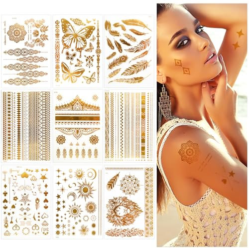 Gold Temporäre Tattoos Erwachsene, 110+ Festival Tattoos, Metallic Glitzer Klebe Tattoo, Wasserdichte Boho Gesichtstattoo Set für Festival & Party Halloween -9 Blatt
