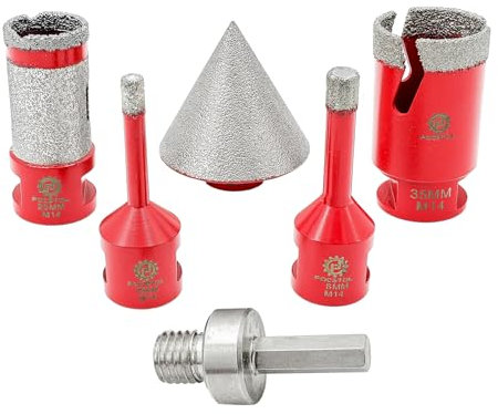 FOCSTOL Diamond Drill Bit Set - Tile Hole Cutter Set 6pcs (6/8/35mm+50mm Beveling Chamfer Bit+25mm Drilling Milling Bit+Hex), Diamond Hole Saw Set for Porcelain Ceramic Tile Marble Granite